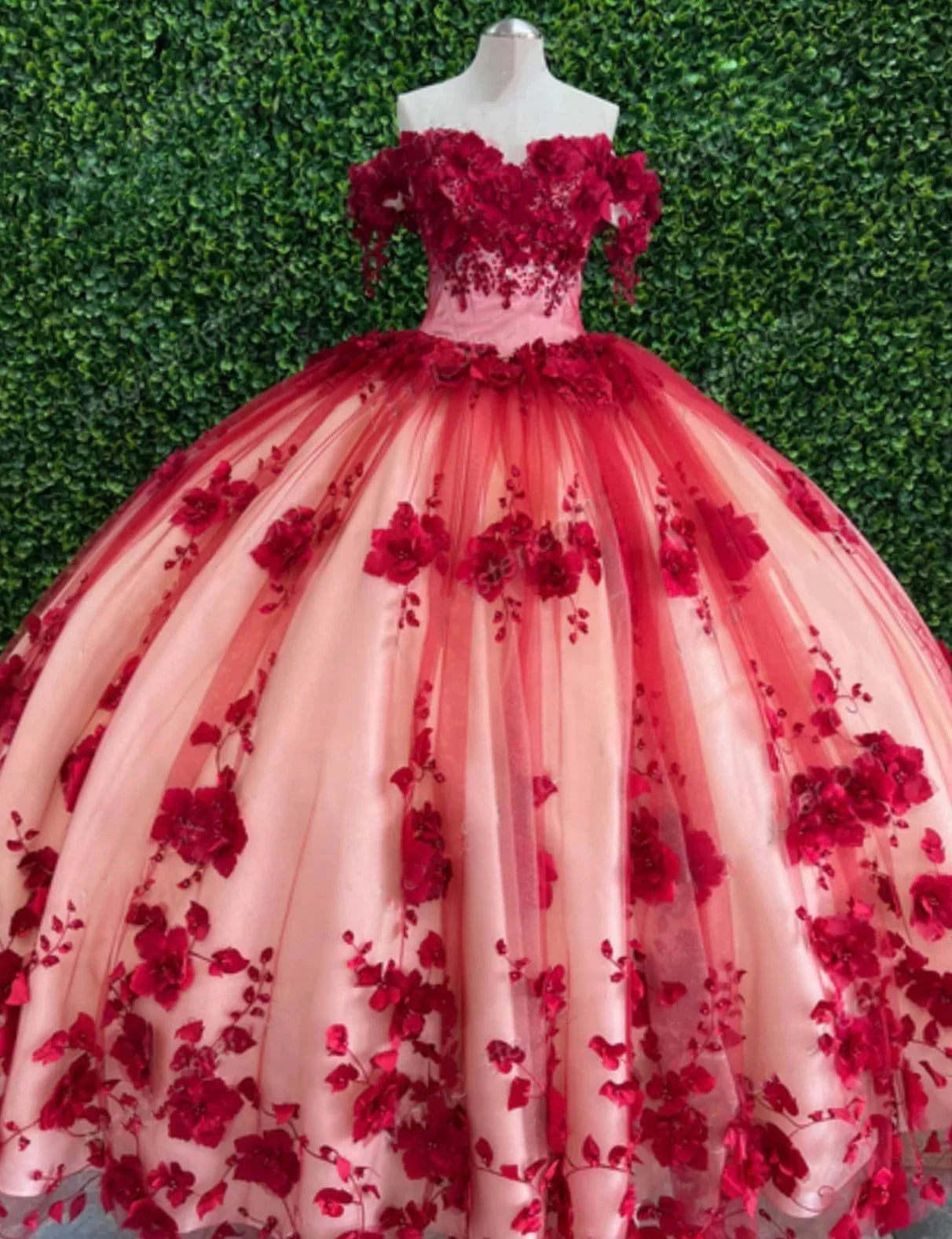 Custom Made 3D Flower Dark Red Lace Quinceanera Dresses Off the Shoulder