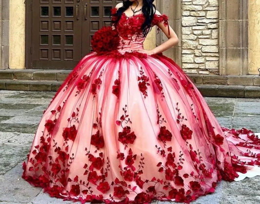 Custom Made 3D Flower Dark Red Lace Quinceanera Dresses Off the Shoulder