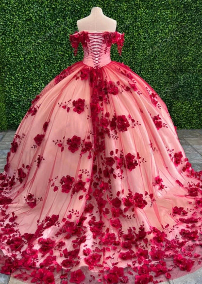 Custom Made 3D Flower Dark Red Lace Quinceanera Dresses Off the Shoulder