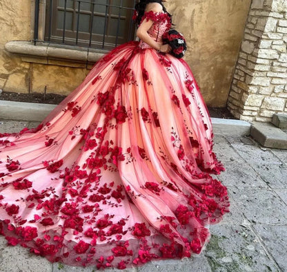 Custom Made 3D Flower Dark Red Lace Quinceanera Dresses Off the Shoulder
