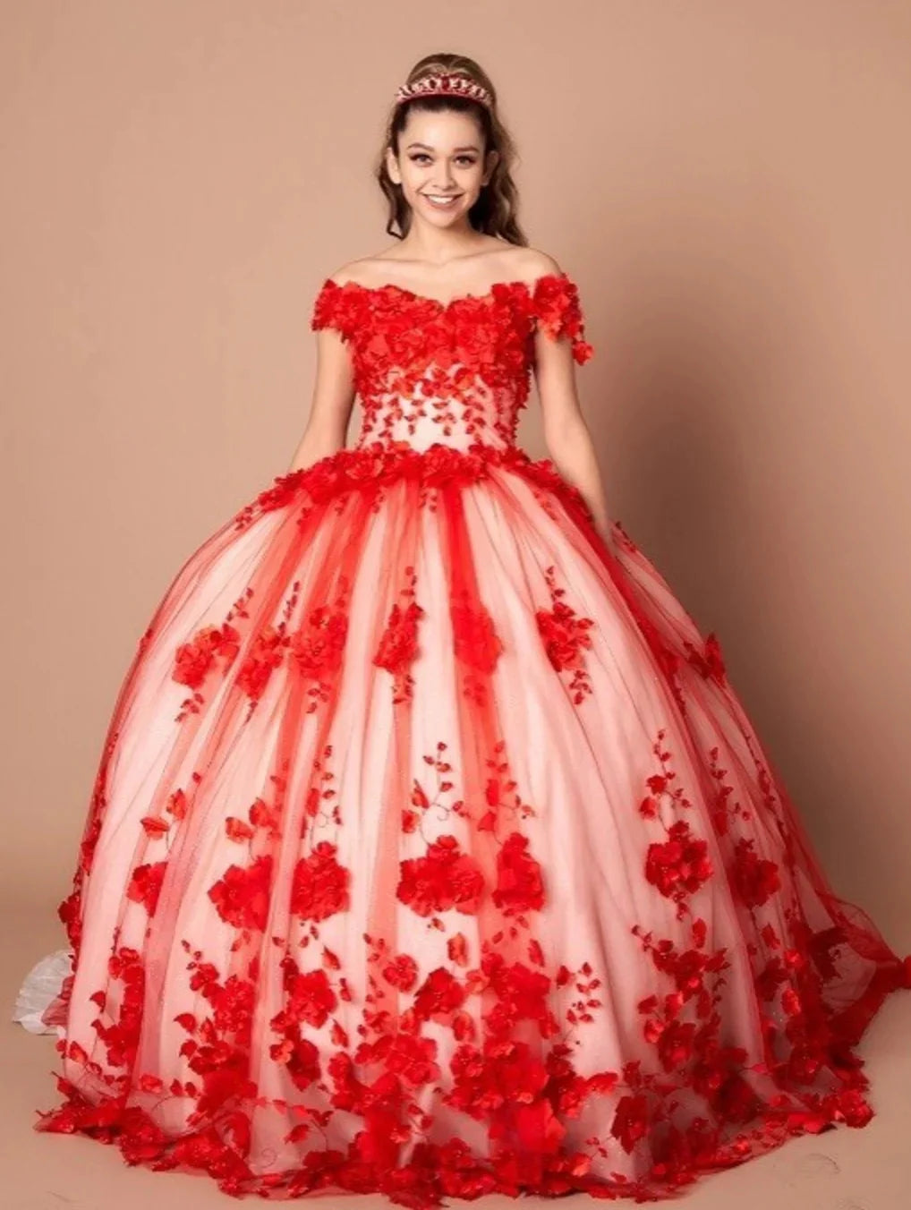 Custom Made 3D Flower Dark Red Lace Quinceanera Dresses Off the Shoulder