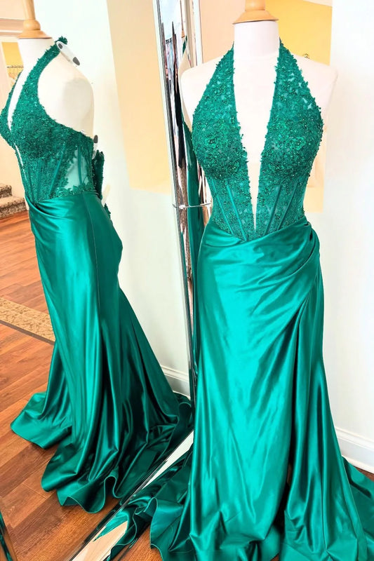 Custom made Green Halter Lace Prom Dress Mermaid V-Neck