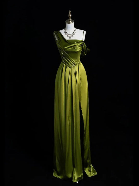Cute A-Line Asymmetrical Neck Sleeveless Slit Satin Maxi Dress Prom Dress