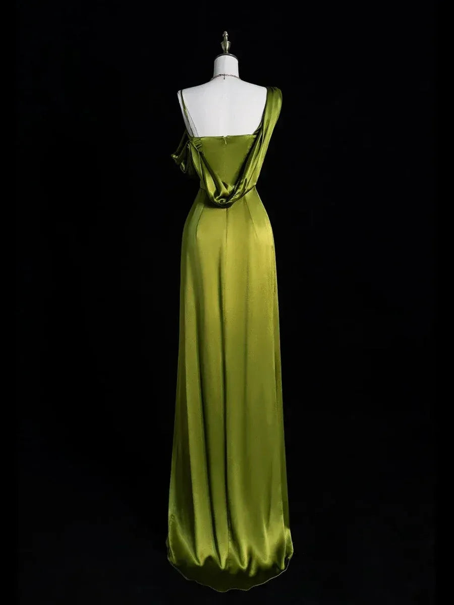 Cute A-Line Asymmetrical Neck Sleeveless Slit Satin Maxi Dress Prom Dress