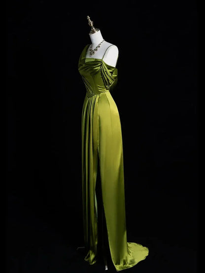 Cute A-Line Asymmetrical Neck Sleeveless Slit Satin Maxi Dress Prom Dress