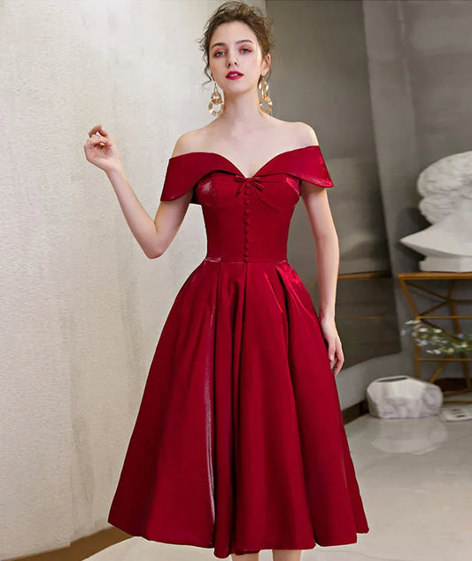 Cute A-Line Off the Shoulder Sleeveless Satin Pleated Knee-Length Prom Dress