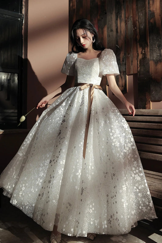 Cute A-Line Square Neck Puff Sleeve Lace Up Floor-Length Prom Dress