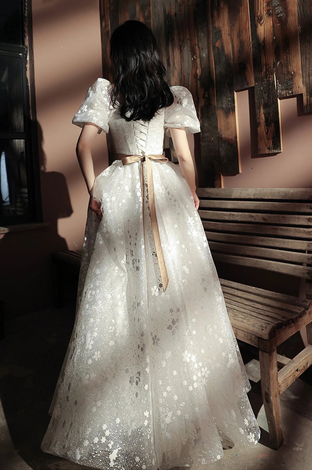 Cute A-Line Square Neck Puff Sleeve Lace Up Floor-Length Prom Dress