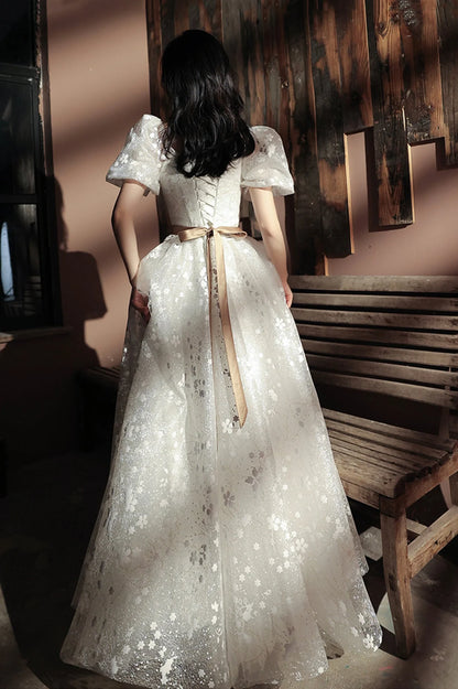 Cute A-Line Square Neck Puff Sleeve Lace Up Floor-Length Prom Dress