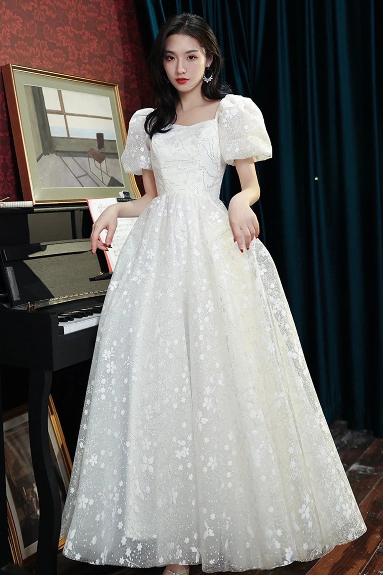 Cute A-Line Square Neck Puff Sleeve Lace Up Floor-Length Prom Dress