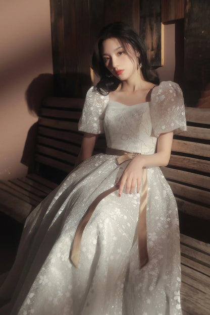 Cute A-Line Square Neck Puff Sleeve Lace Up Floor-Length Prom Dress