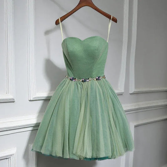 Cute A-Line Sweetheart Neck Sleeveless Tulle Pleated Short-Mini Homecoming Dress