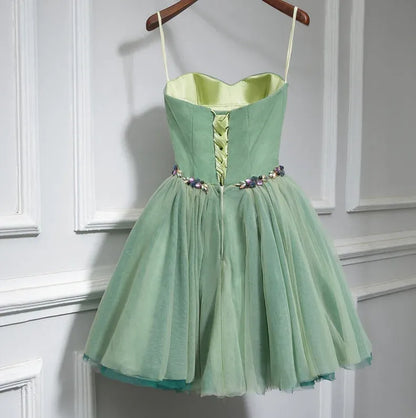 Cute A-Line Sweetheart Neck Sleeveless Tulle Pleated Short-Mini Homecoming Dress