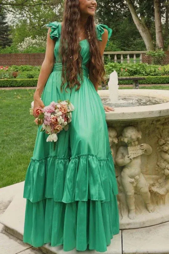 Cute A-Line V-Neck Sleeveless Satin Layered Floor-Length Prom Dress