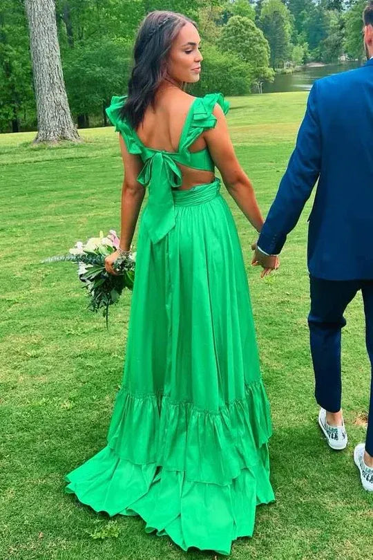 Cute A-Line V-Neck Sleeveless Satin Layered Floor-Length Prom Dress