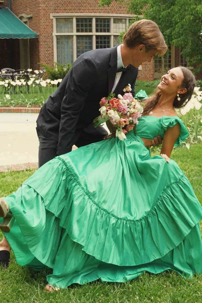 Cute A-Line V-Neck Sleeveless Satin Layered Floor-Length Prom Dress