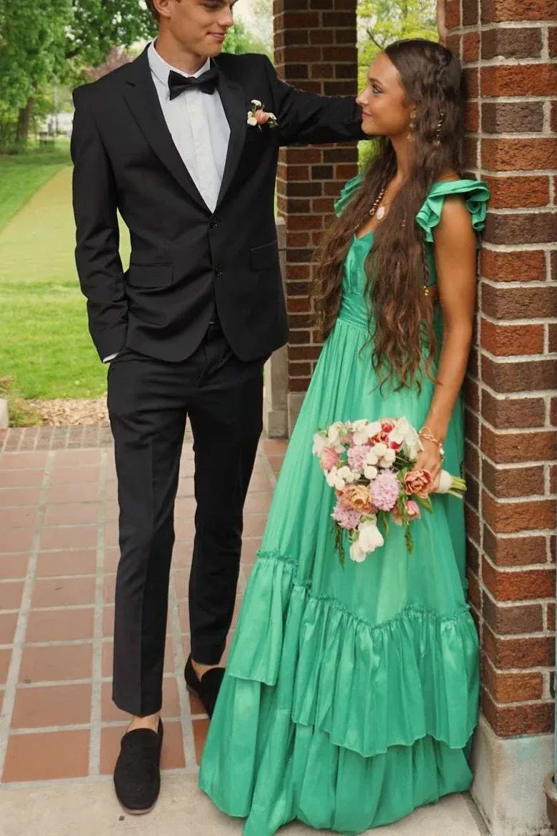 Cute A-Line V-Neck Sleeveless Satin Layered Floor-Length Prom Dress