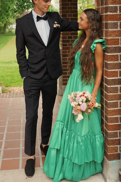 Cute A-Line V-Neck Sleeveless Satin Layered Floor-Length Prom Dress
