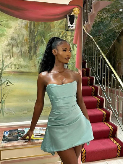 Cute A-line Strapless Sleeveless Satin Pleated Short-Mini Homecoming Dress