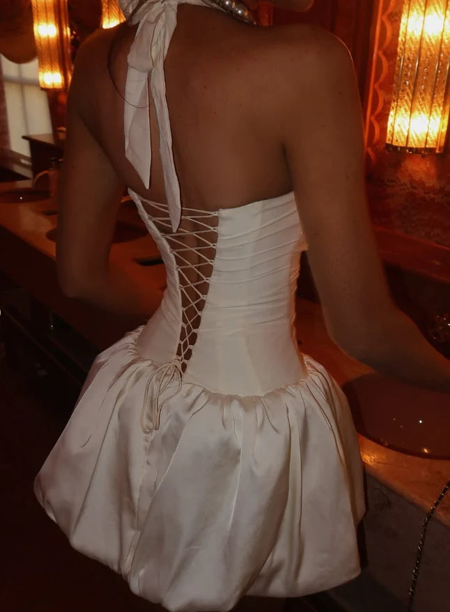 Cute A Line Halter Neck Sleeveless Satin Short-Mini Homecoming Dress