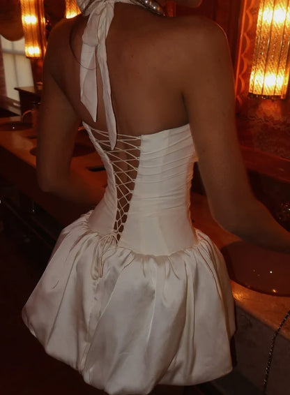 Cute A Line Halter Neck Sleeveless Satin Short-Mini Homecoming Dress