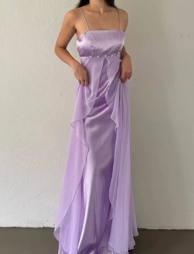 Cute A Line Spaghetti Straps Sleeveless Satin Floor-Length Prom Dress