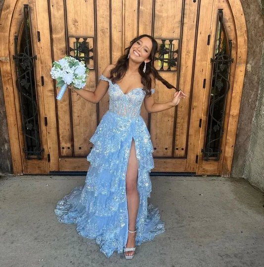 Cute A line Off the Shoulder Sleeveless Tulle Slit Sweep/Brush Train Prom Dress