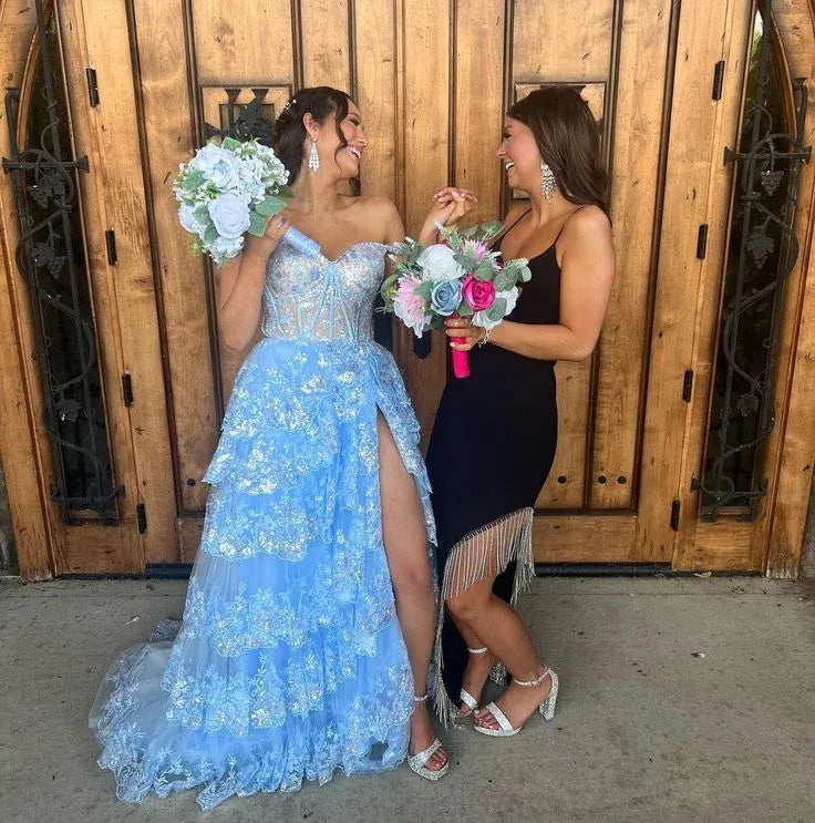 Cute A line Off the Shoulder Sleeveless Tulle Slit Sweep/Brush Train Prom Dress