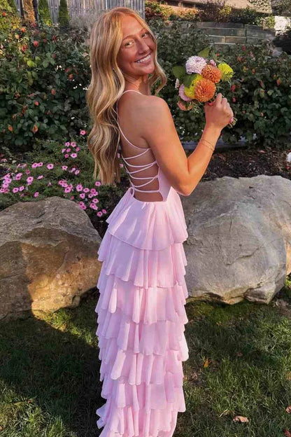 Cute Ball Gowns Spaghetti Straps Sleeveless Chiffon Layered Floor-Length Prom Dress