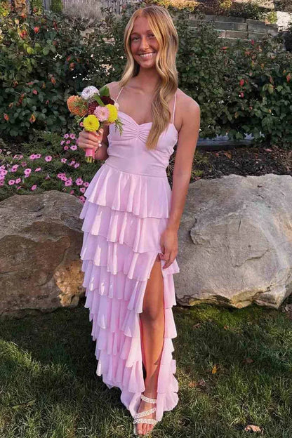 Cute Ball Gowns Spaghetti Straps Sleeveless Chiffon Layered Floor-Length Prom Dress