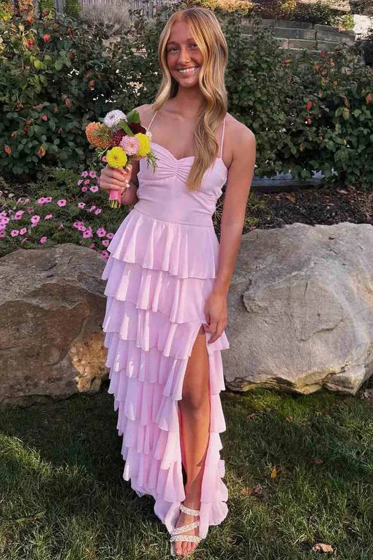 Cute Ball Gowns Spaghetti Straps Sleeveless Chiffon Layered Floor-Length Prom Dress