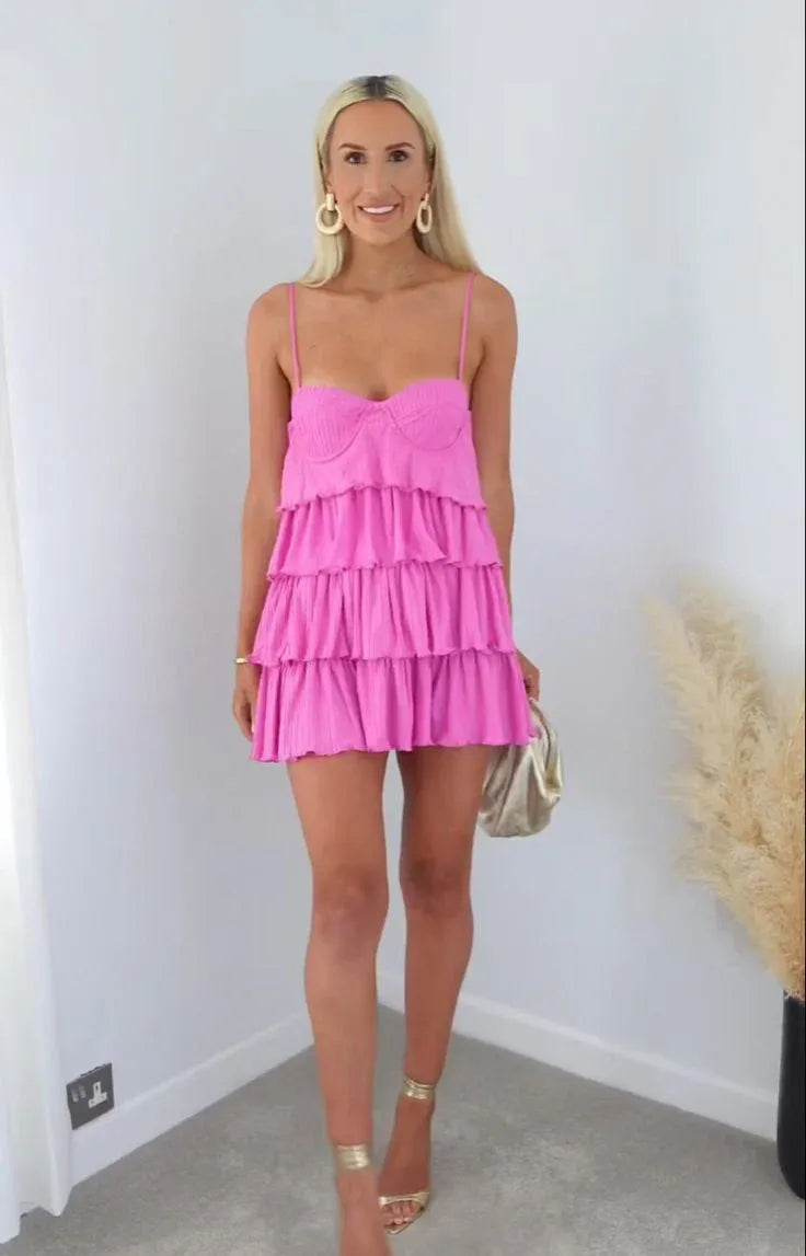 Cute Hot Pink Spaghetti Strap Ruffle Tiered Mini Homecoming Dress