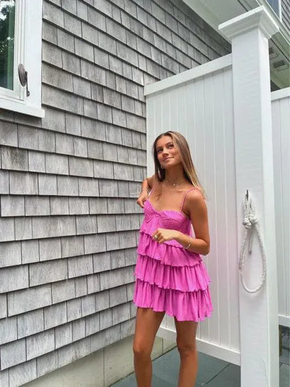 Cute Hot Pink Spaghetti Strap Ruffle Tiered Mini Homecoming Dress
