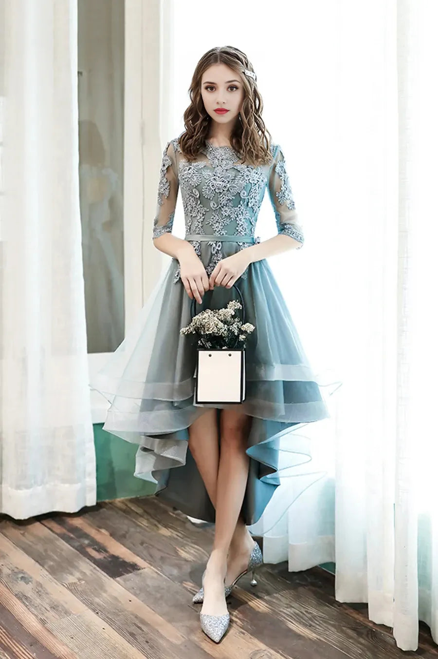 Cute Lace High Low Prom Dresses A-Line Party Homecoming Dresses