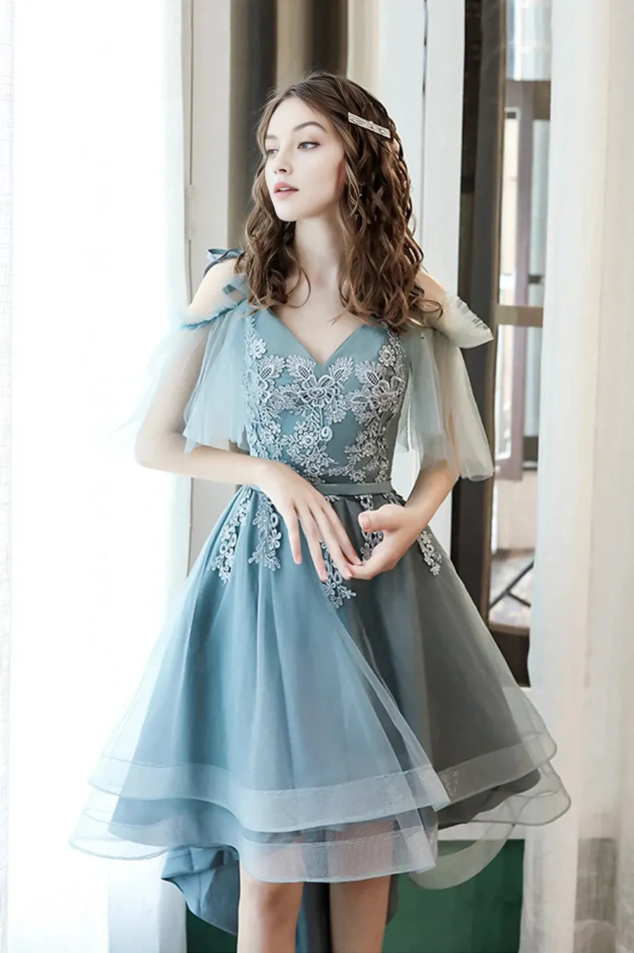 Cute Lace High Low Prom Dresses A-Line Party Homecoming Dresses