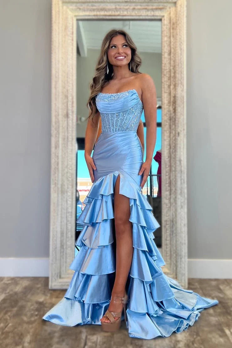 Cute Mermaid Scoop Neck Tiered Satin Prom Dress with Appliques