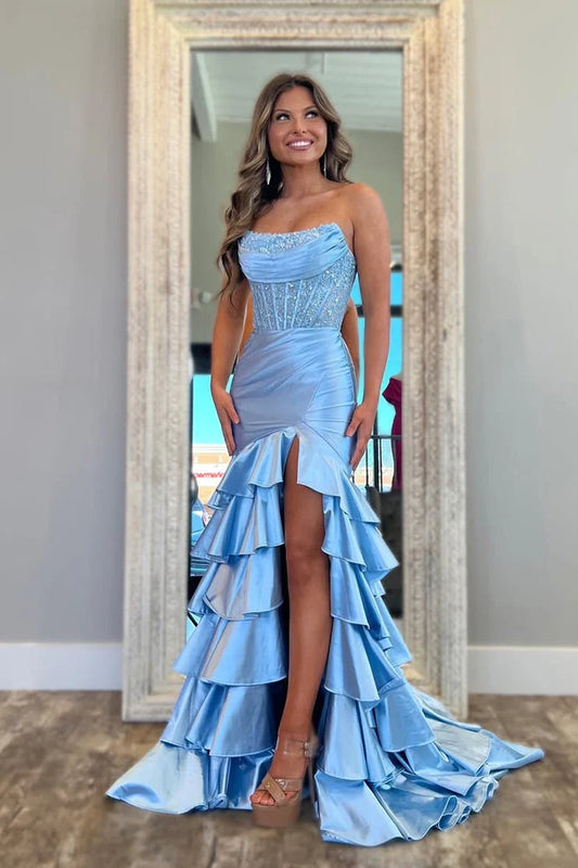 Cute Mermaid Scoop Neck Tiered Satin Prom Dress with Appliques