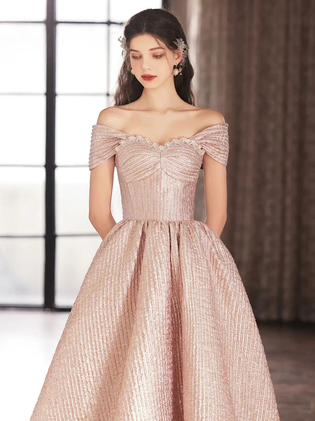 Cute Satin Tea Length Prom Dress Off the Shoulder Pink A-Line Party Dress