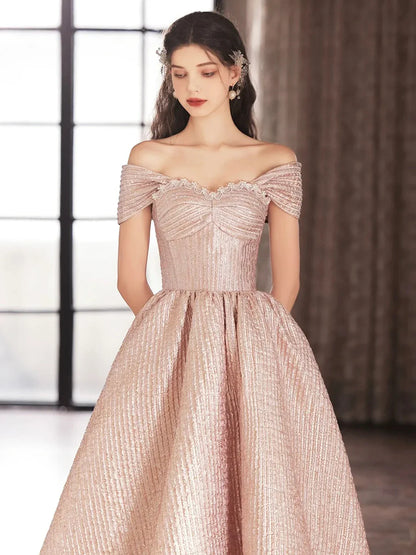 Cute Satin Tea Length Prom Dress Off the Shoulder Pink A-Line Party Dress