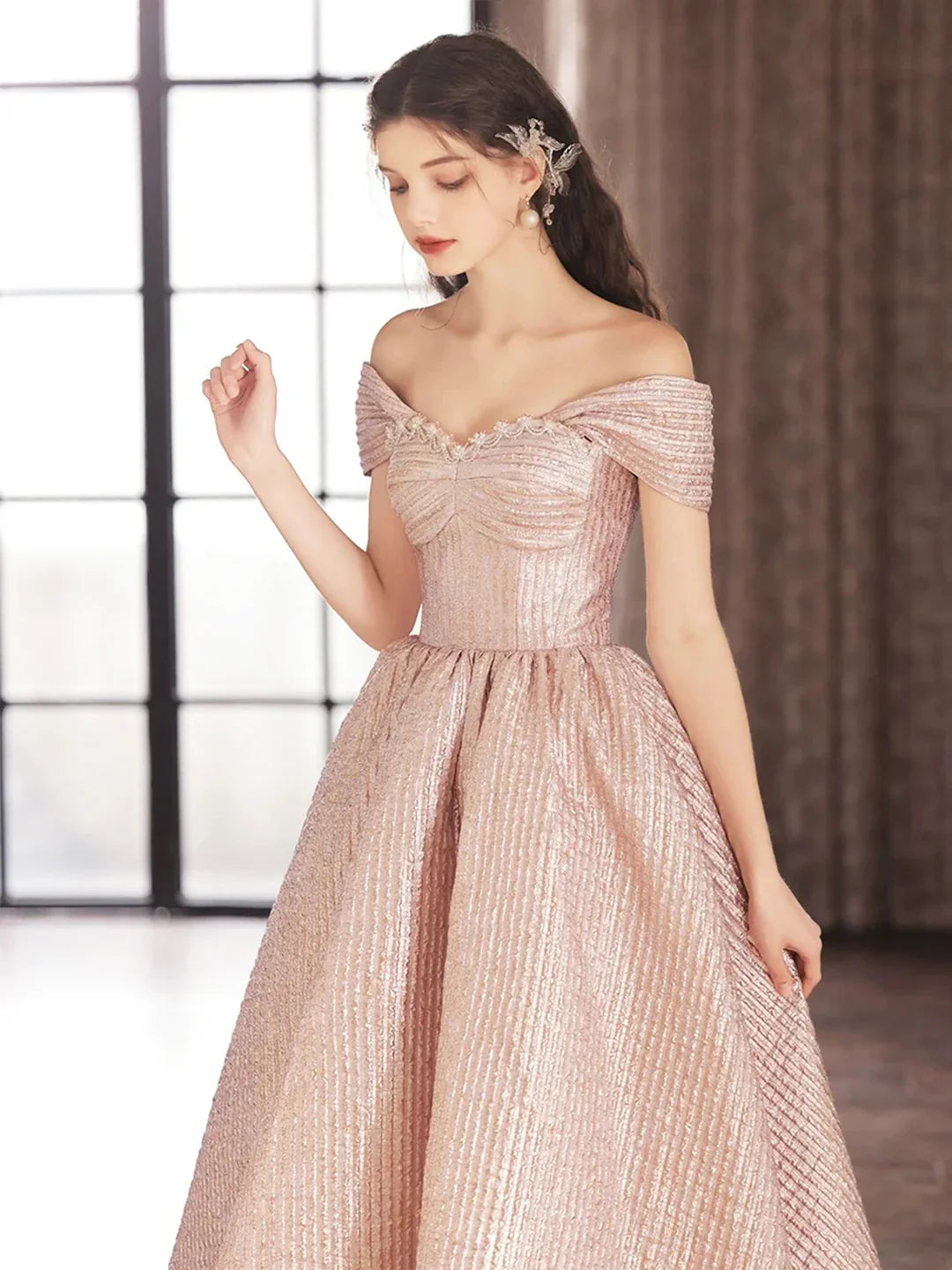 Cute Satin Tea Length Prom Dress Off the Shoulder Pink A-Line Party Dress
