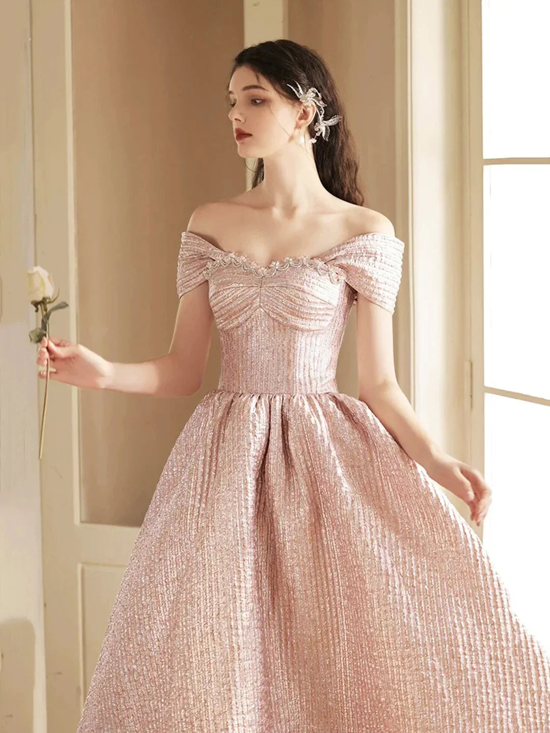 Cute Satin Tea Length Prom Dress Off the Shoulder Pink A-Line Party Dress