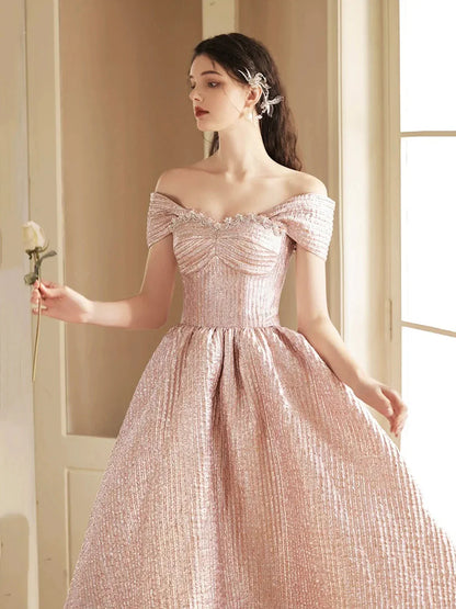 Cute Satin Tea Length Prom Dress Off the Shoulder Pink A-Line Party Dress