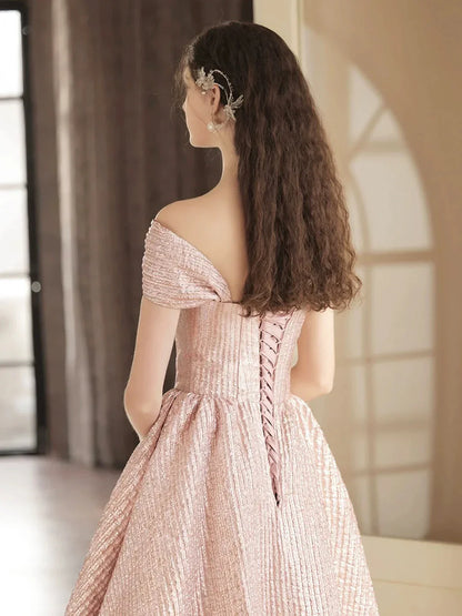 Cute Satin Tea Length Prom Dress Off the Shoulder Pink A-Line Party Dress