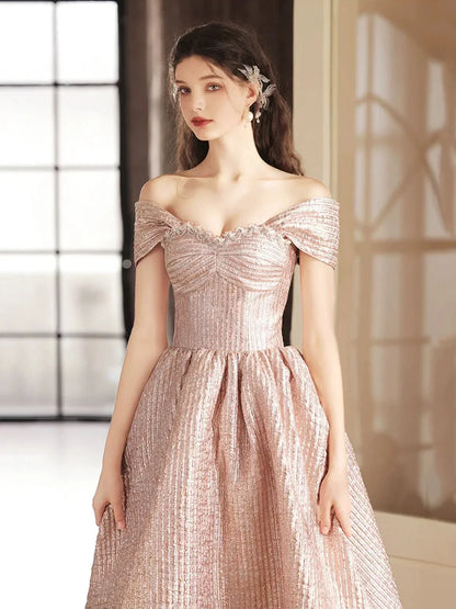 Cute Satin Tea Length Prom Dress Off the Shoulder Pink A-Line Party Dress