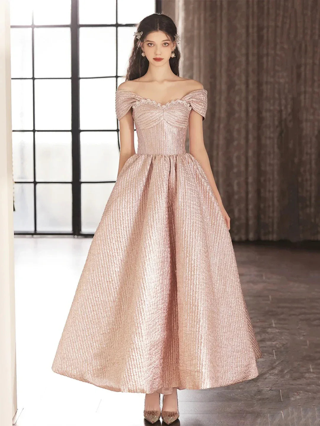 Cute Satin Tea Length Prom Dress Off the Shoulder Pink A-Line Party Dress