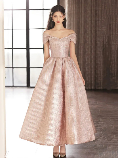 Cute Satin Tea Length Prom Dress Off the Shoulder Pink A-Line Party Dress