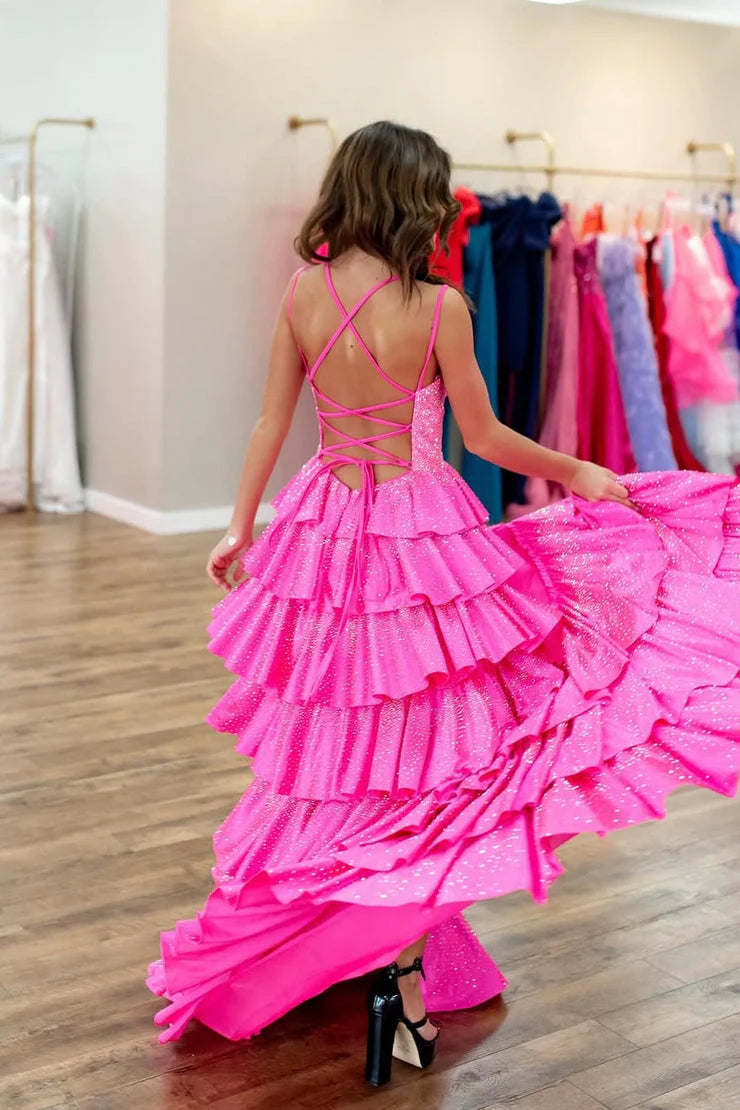 Cute Sparkly A Line V Neck Pink Tiered Prom Dress with Hot Stone
