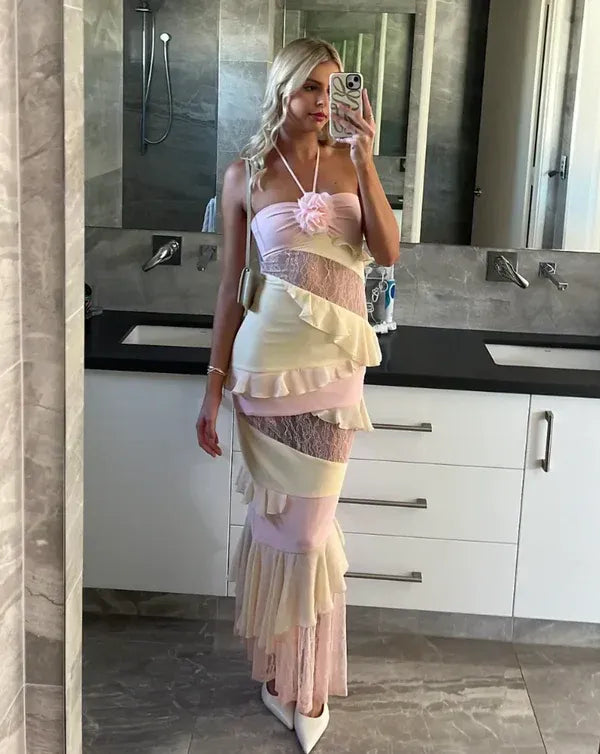 Cute Sweetheart Sleeveless Bodycon Pleated Lace Floor-Length Party Dress