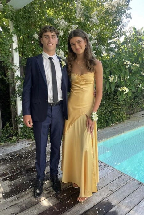 Cute Sweetheart Yellow Silk Satin Long Sheath Prom Dresses