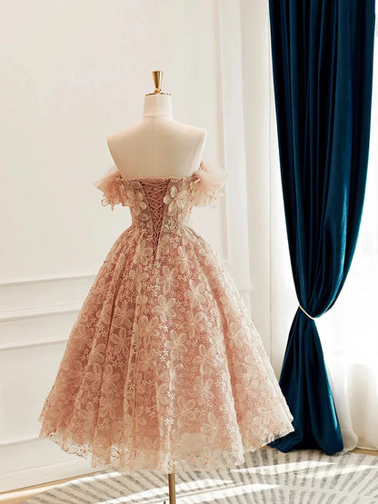 Cute Tulle Flower Short Prom Dress Beautiful Off the Shoulder A-Line Evening Party Dress